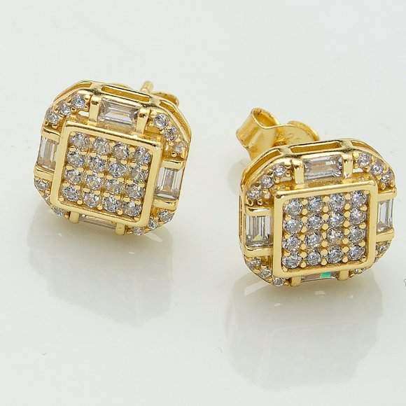 Gold CZ Stud Earrings, 14k Gold 10mm Icy Bling Square CZ Studs - Picture 6 of 9